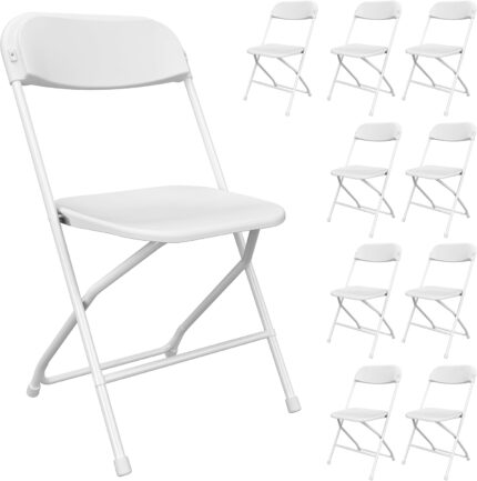 10 Pack White Folding Chairs, Portable Party Chairs, Plastic Folding