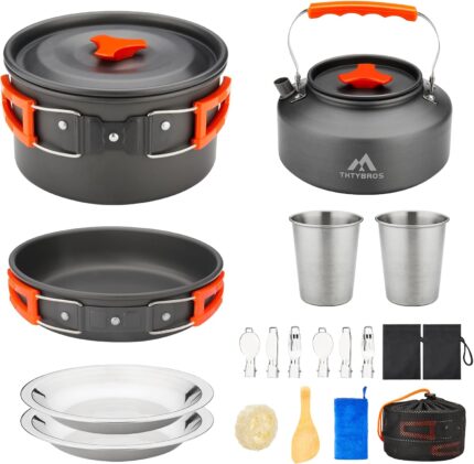 17pcs Camping Cookware Kit, 0.45Gal Pot, 7inches Pan,0.30Gal Kettle