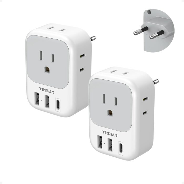 2 Pack European Plug Adapter USB C, TESSAN US to Europe Adapter 4