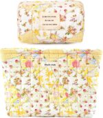 2 Pieces Floral Makeup Bag, Cute Travel Quilted Pouch Cosmetic Bag