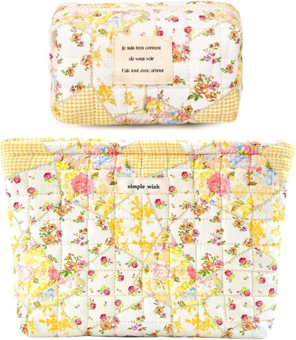 2 Pieces Floral Makeup Bag, Cute Travel Quilted Pouch Cosmetic Bag
