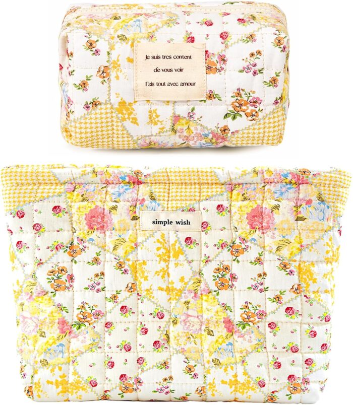 2 Pieces Floral Makeup Bag, Cute Travel Quilted Pouch Cosmetic Bag