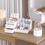 2-in-1 Makeup Organizer Set with 3-Drawer Storage and Lidded Brush