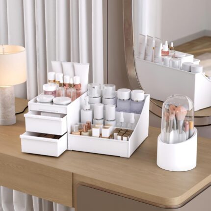2-in-1 Makeup Organizer Set with 3-Drawer Storage and Lidded Brush