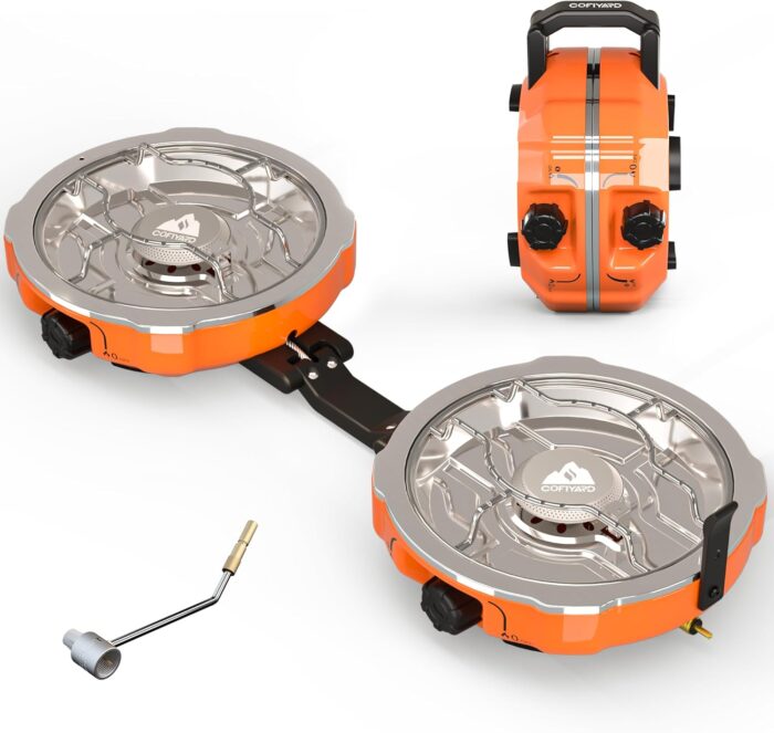 20,000 BTUs 2 Burner Propane Camping Stove, Portable Folding Camp