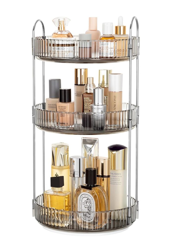 360 Rotating Makeup Organizer Clear Gray 3 Tier Bathroom Organizer