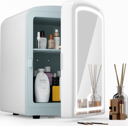 4L Mini Skincare Fridge with Dimmable LED Mirror, Portable Beauty
