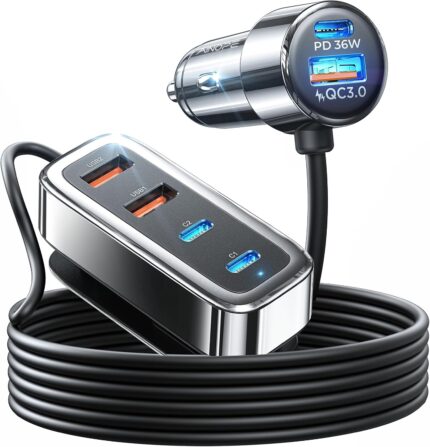 AINOPE 108W USB C Car Charger with 6 Fast Charging Ports, Road Trip