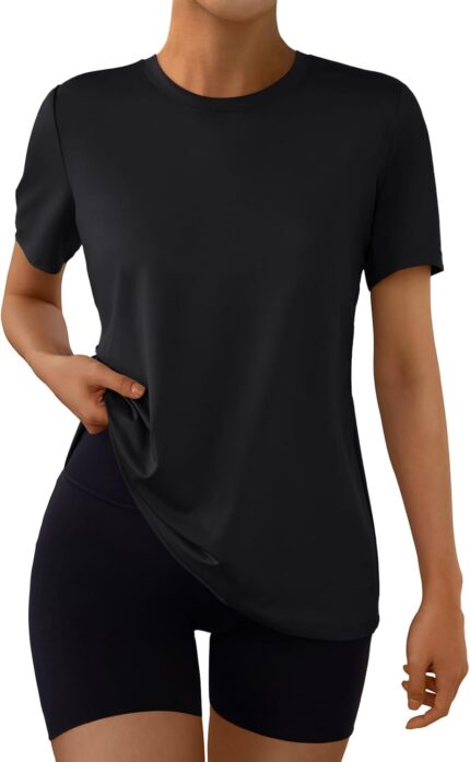 AUTOMET Women's Workout Tops Short Sleeve Gym Shirts Summer