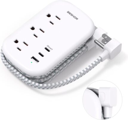 BESHON Flat Plug Power Strip, 3 Outlets with 3 USB Ports(2 USB C),