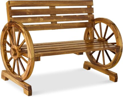 Best Choice Products 2-Person Wooden Wagon Wheel Bench for Backyard,