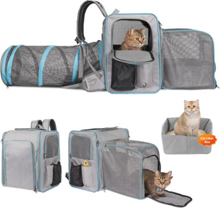 Cat Backpack Carrier with Litter Box, Expandable Portable Cat Carrier