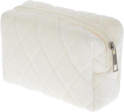 Cosmetics Bag, Small Fluffy Makeup Bag, White Y2K Checkered Cosmetic