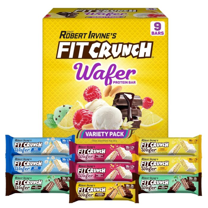 FITCRUNCH Wafer Protein Bars, 16g of Protein & 1-3g of Sugar (9 Bars,