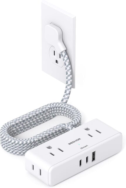 Flat Extension Cord 6 feet, Flat Plug Power Strip, 4 Widely Outlets