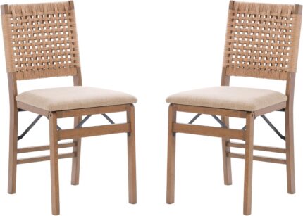 Linon Bennett Natural Folding Chair with Woven Rope Back and Linen