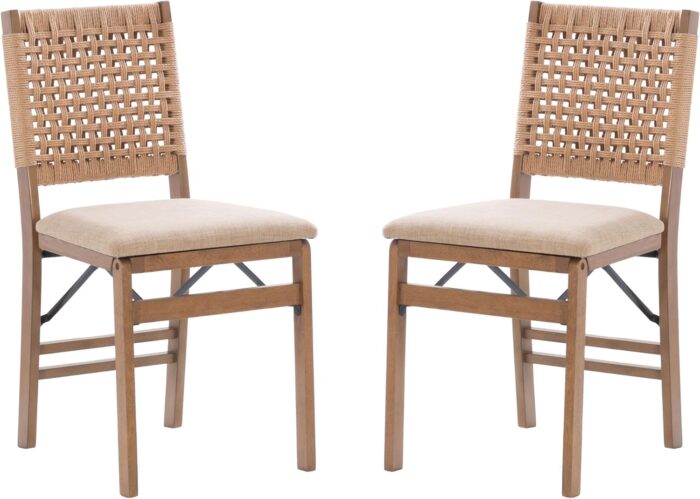 Linon Bennett Natural Folding Chair with Woven Rope Back and Linen
