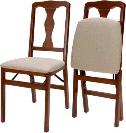 MECO Stakmore Queen Anne Wooden Folding Chairs with Padded Seats, Set