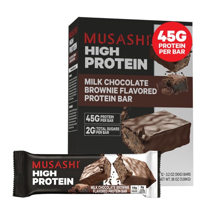 MUSASHI High Protein Bar, 45g Protein, 2g Total Sugars, Milk Chocolate