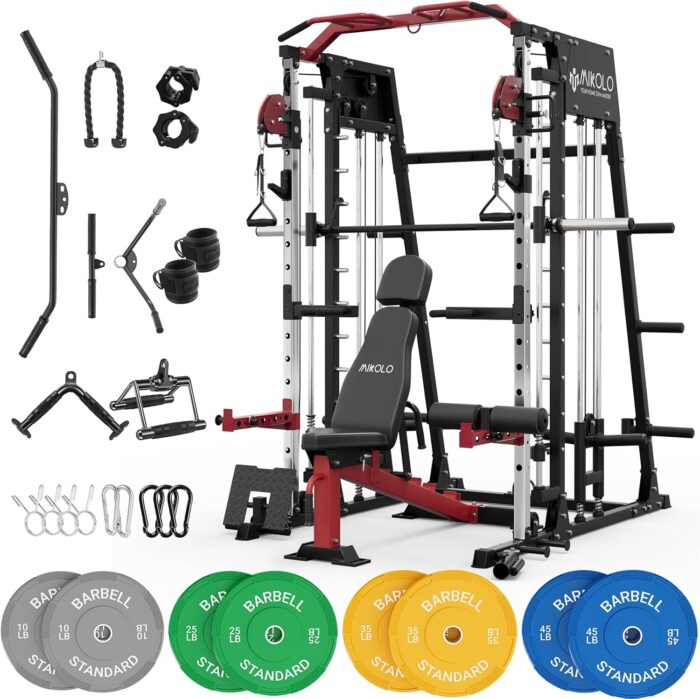 Mikolo Smith Machine, 2200lbs Squat Rack with LAT-Pull Down
