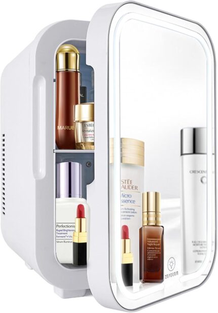 Mini Fridge with Mirror Door & Adjustable LED Lights - 8L Cosmetic