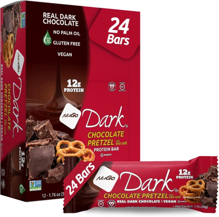 NuGo Dark Chocolate Pretzel and Sea Salt, 12g Protein Bar, Vegan,