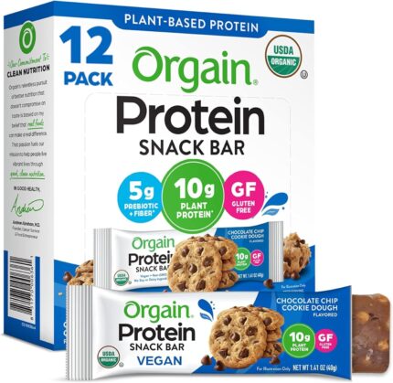Orgain Organic Vegan Protein Bars, Chocolate Chip Cookie Dough - 10g