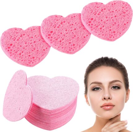 Patelai 50 Count Heart Compressed Facial Sponges Pink Pads for Face