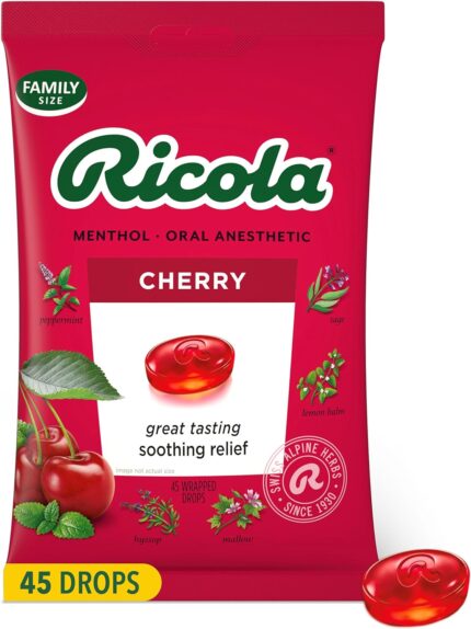 Ricola Cherry Throat Drops, 45 Count, Daily Drops For Delicious Throat