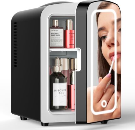 Skincare Fridge With Built-in LED Light Mirror, 4L Compact Mini