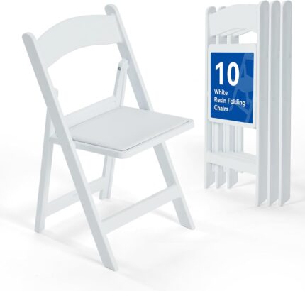 White Resin Folding Chairs - Stackable Chairs with Padded Seats, 800LB