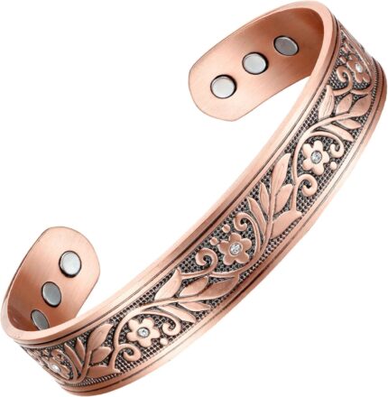 Women's Floral Crystal Magnetic Copper Cuff Bracelet - Adjustable