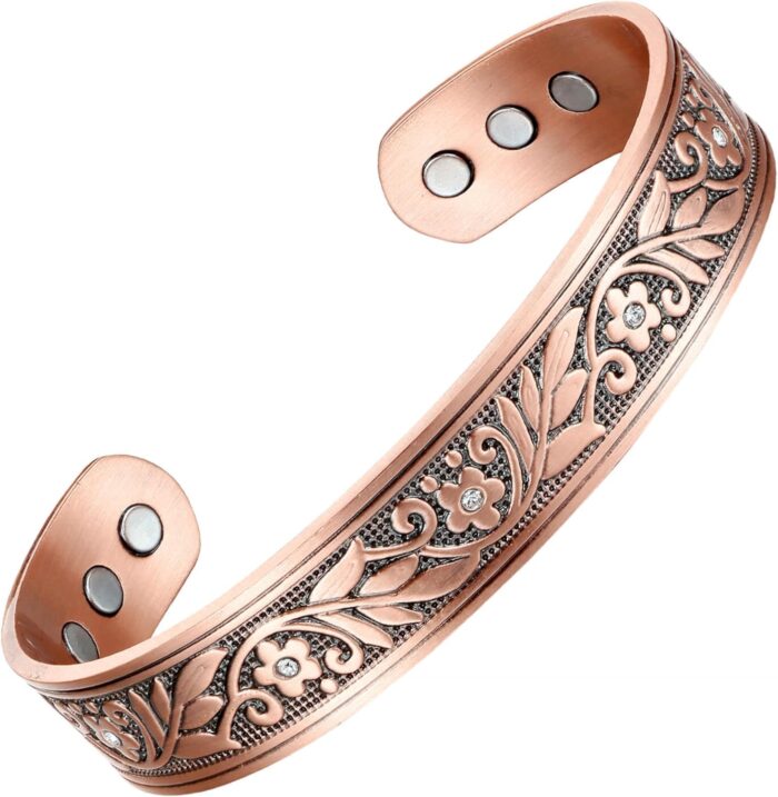 Women's Floral Crystal Magnetic Copper Cuff Bracelet - Adjustable