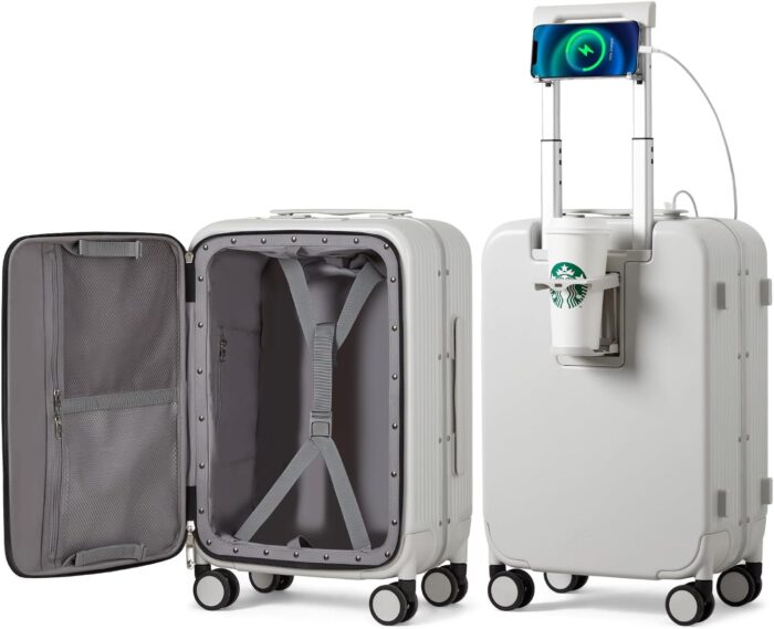 mixi Carry On Luggage with Cup Phone Holder and Charger Hard Shell