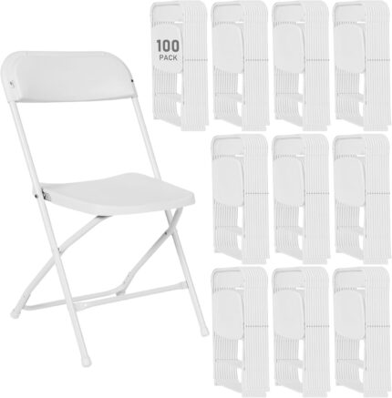 100 Pack Plastic White Folding Chairs, Portable Stackable Commercial