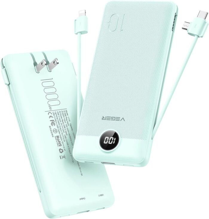 VEGER Portable Charger for iPhone with Built in Cables and Wall Plug,