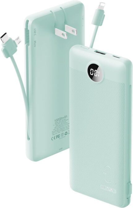 VRURC Portable Charger Built-in Cables and AC Wall Plug, USB C Power