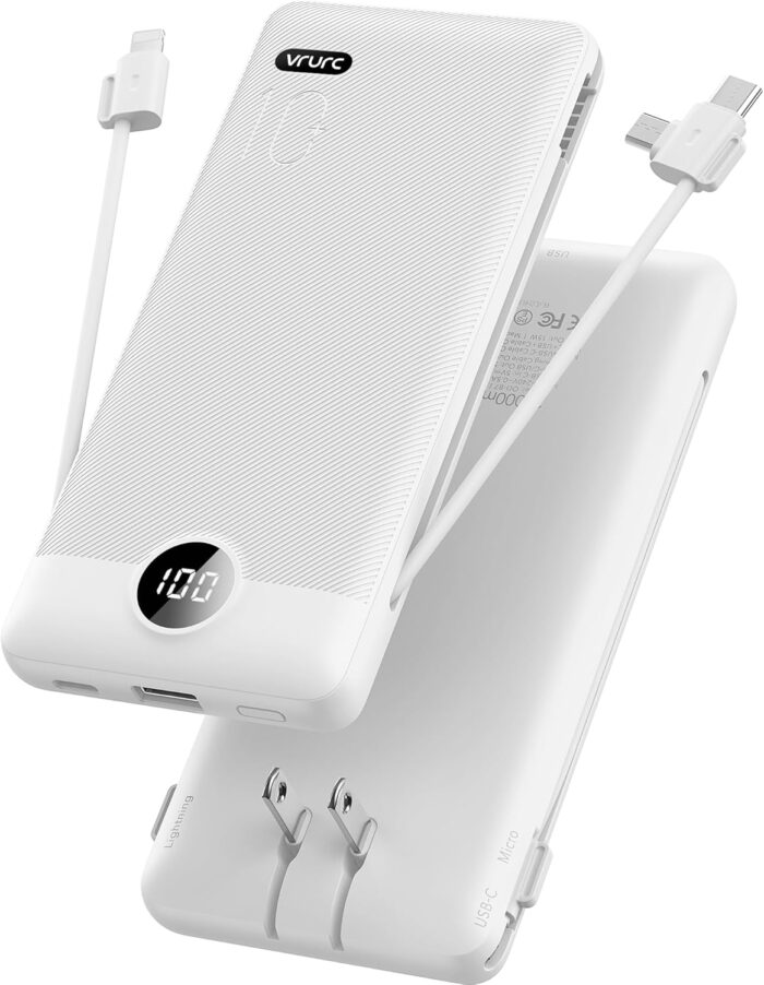 VRURC Portable Charger Built-in Cables and AC Wall Plug, USB C Power