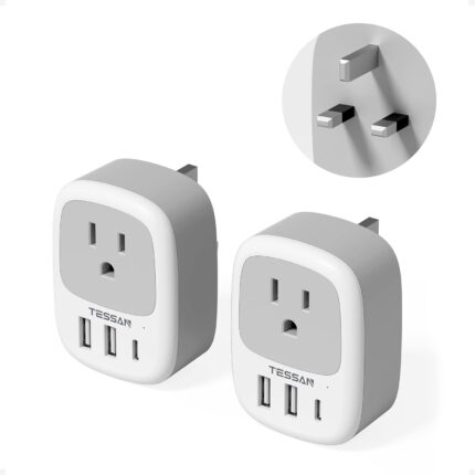 2 Pack UK Adapters for Travel, TESSAN Ireland Plug Adapter with 3 USB