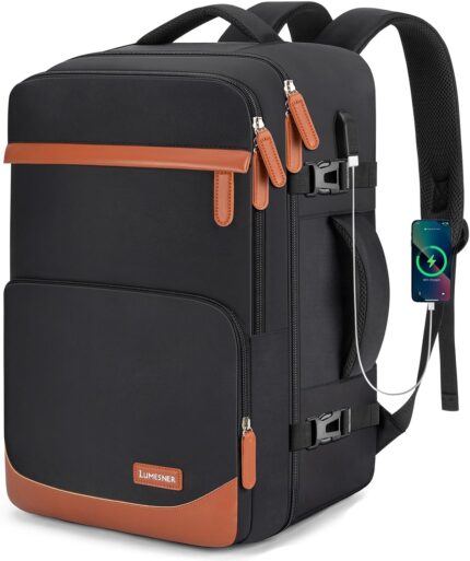 40L Travel Backpack with USB Charging Port, Water-Resistant Carry On