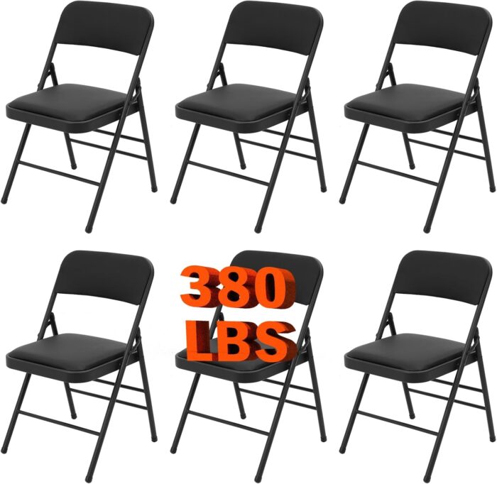 6 Pack Black Folding Chairs with Padded Cushion and Back Metal Frame