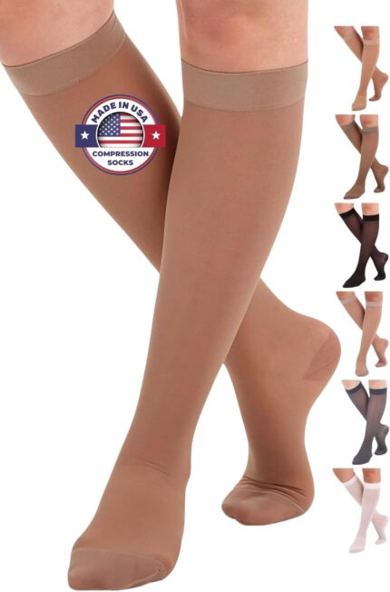 ABSOLUTE SUPPORT Made in USA - Sheer Compression Socks for Women 15-20