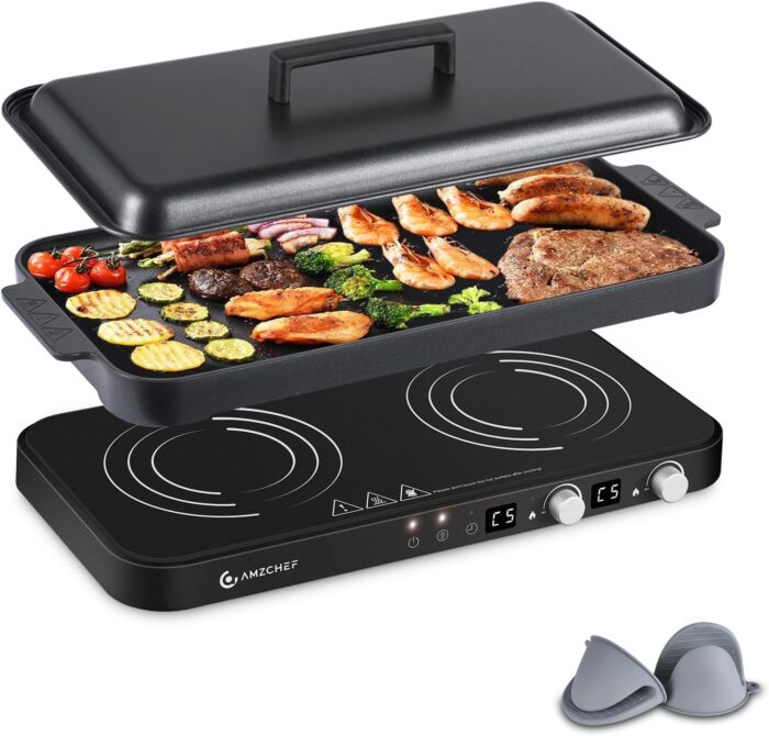 AMZCHEF Double Induction Cooktop with Removable Griddle Pan Non-stick,