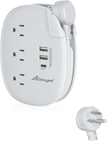 Alitayee USB C Portable Travel Power Strip with 3 Outlets 3 USB Ports