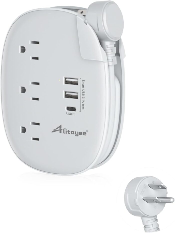 Alitayee USB C Portable Travel Power Strip with 3 Outlets 3 USB Ports