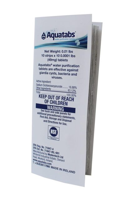 Aquatabs 49mg Water Purification Tablets (100 Pack). Water Filtration