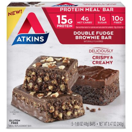 Atkins Double Fudge Brownie Protein Meal Bar, High Fiber, 15g Protein,