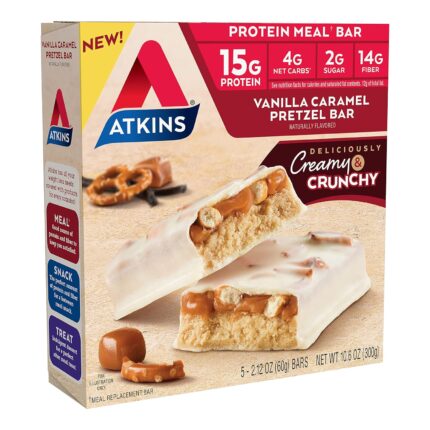 Atkins Vanilla Caramel Pretzel Protein Meal Bar, High Fiber, 2g Sugar,