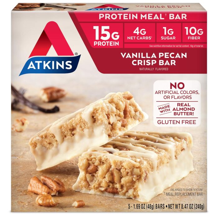 Atkins Vanilla Pecan Crisp Protein Meal Bar, High Fiber, 1g Sugar, 4g