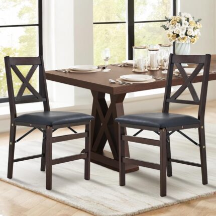 COLAMY Dark Brown Wood Folding Dining Chairs Set of 2 – Space Saving